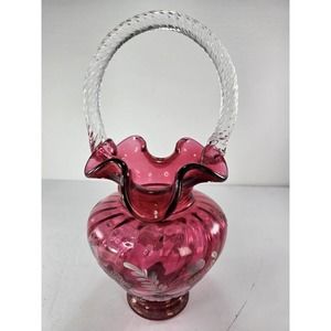 Fenton Cranberry Scalloped Edge Rope Handle Basket~95th Anni~Bill Fenton~Signed
